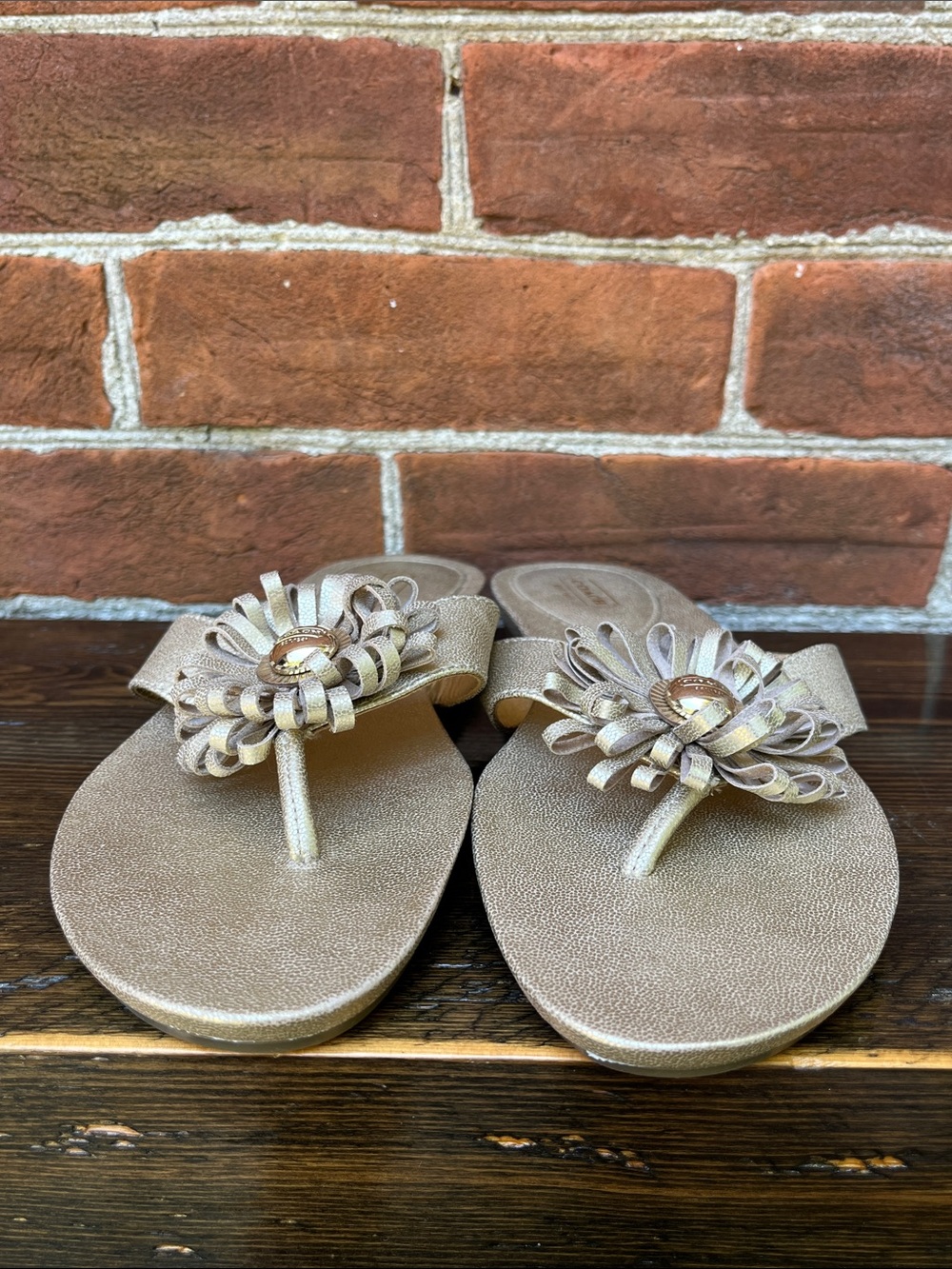 Coach Skye Metallic Champagne Gold Flower Thong Sandals - Picture 3 of 11